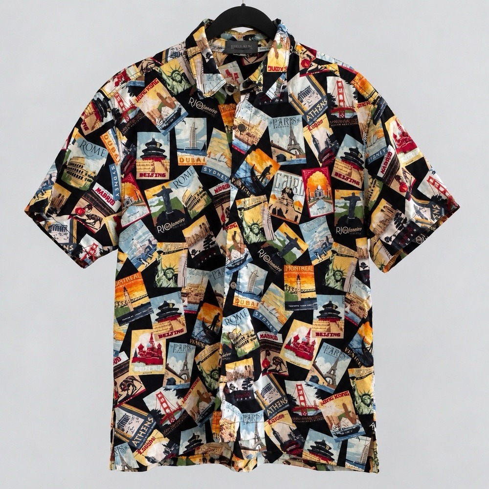 Vintage High Seas Men's M World Travel Postcard Hawaiian Shirt Made USA